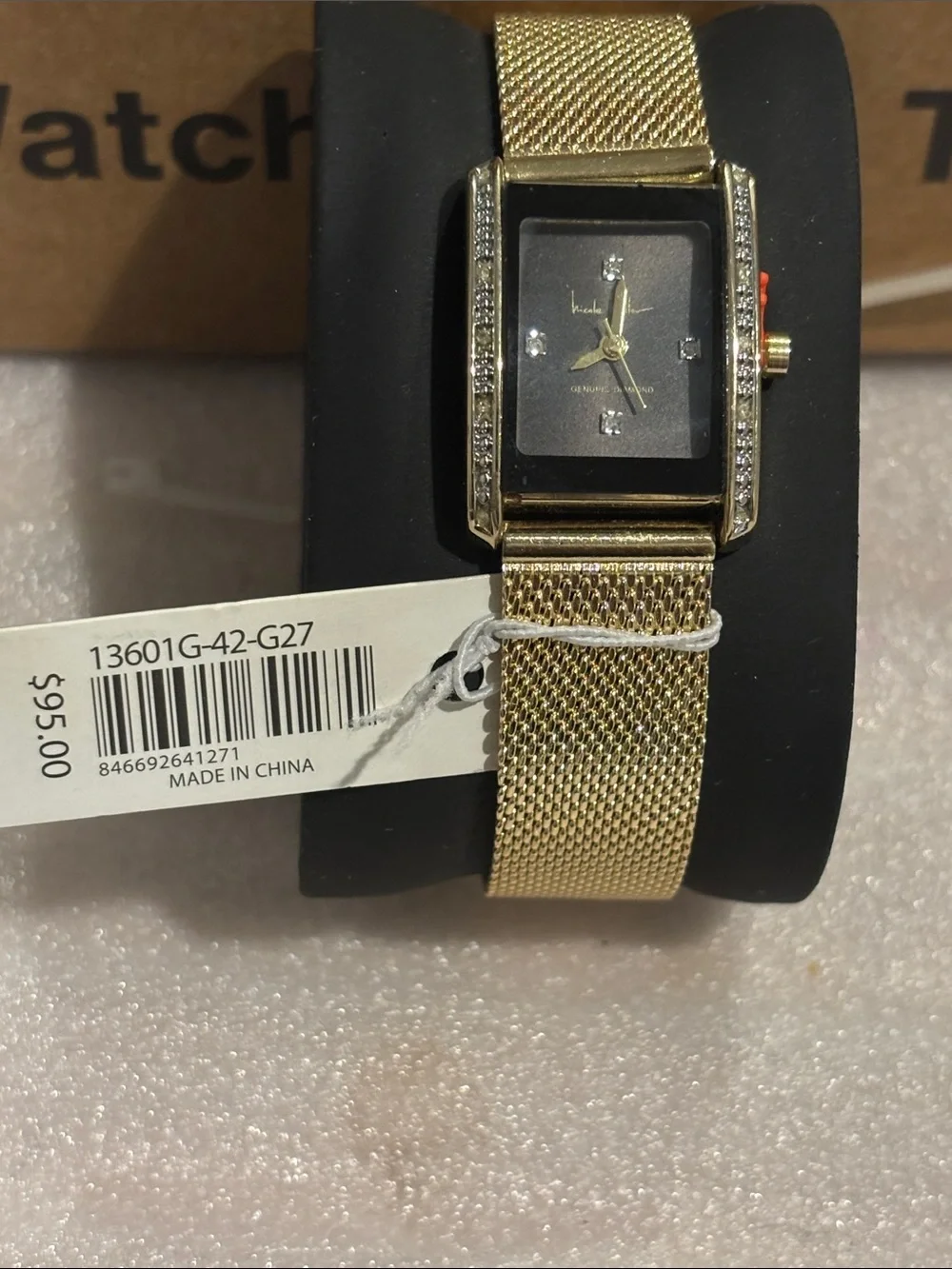 Nicole Miller Gold Mesh Bracelet Watch with Black Face and Crystal Accents